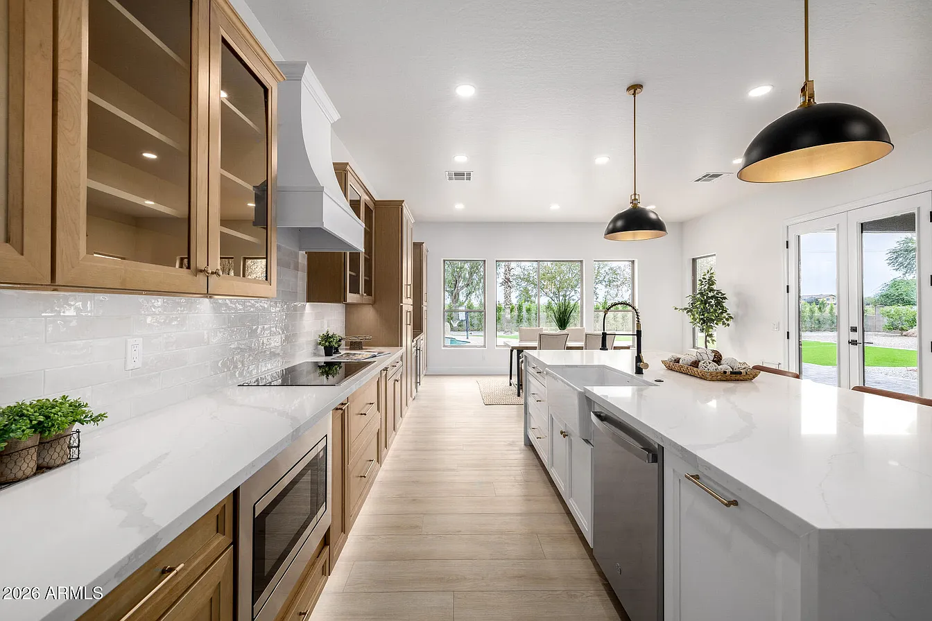 Galley kitchen with pool view
