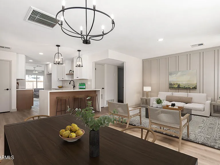 Full flip open concept living dining kitchen