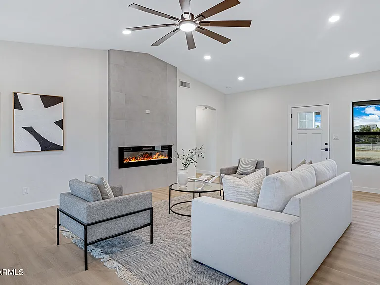 Modern living room with linear fireplace